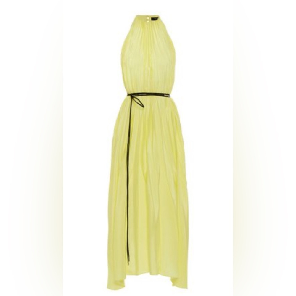 Ellery Lemon Yellow Halter Midi Dress with Black Waist Tie